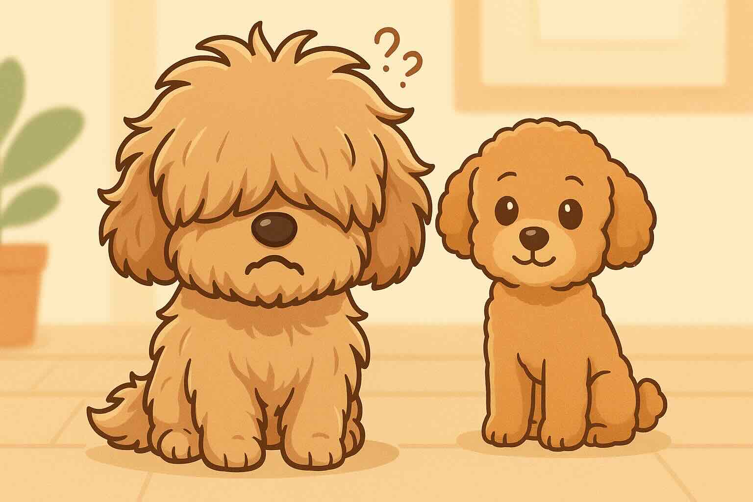 毛が伸びすぎて前が見えず、困惑しているトイプードル